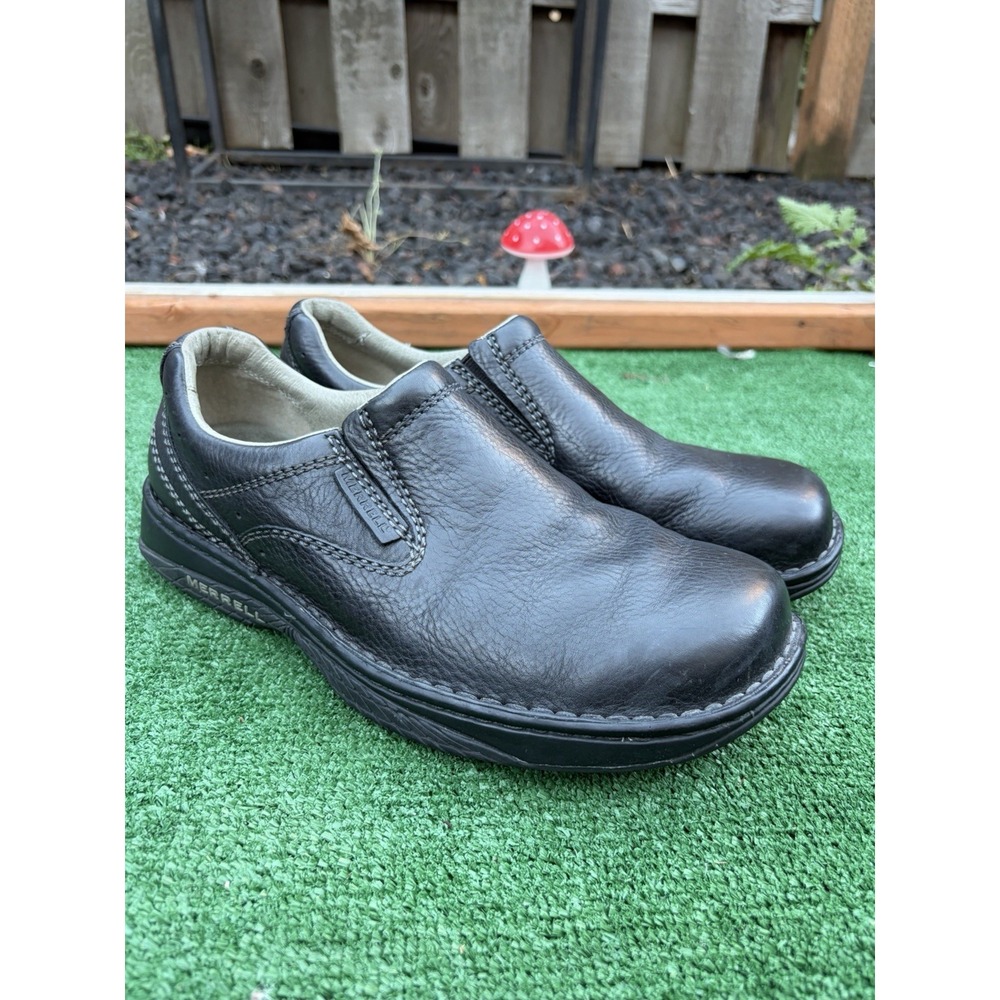 MERRELL World Passport Black Leather Shoes Ortholite Slip On Moc Loafer Men's 10